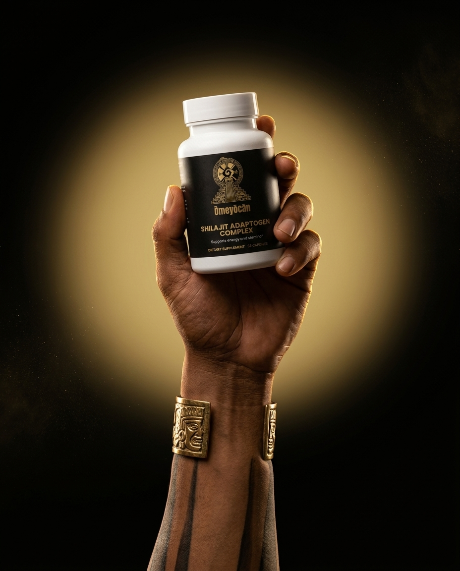 Warrior forearm holding Omeyocan Shilajit Adaptogen Complex bottle, gold radial glow on black background