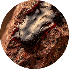 Shilajit resin macro on Andean volcanic stone