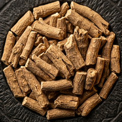 Dried ashwagandha root macro on basalt