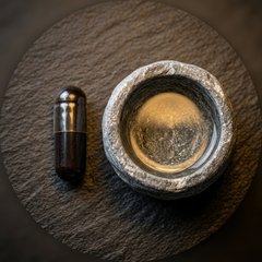 Capsule beside a stone cup of water, top-down macro