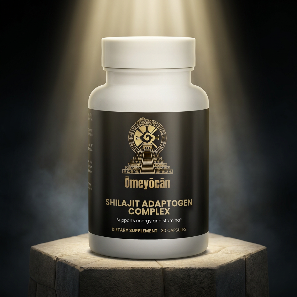 Omeyocan Shilajit bottle on precision-cut Andean stone altar with gold light rays, darker side vignette for text overlay contrast