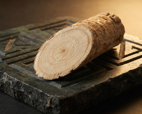 Sliced tongkat ali root on a carved dark stone slab