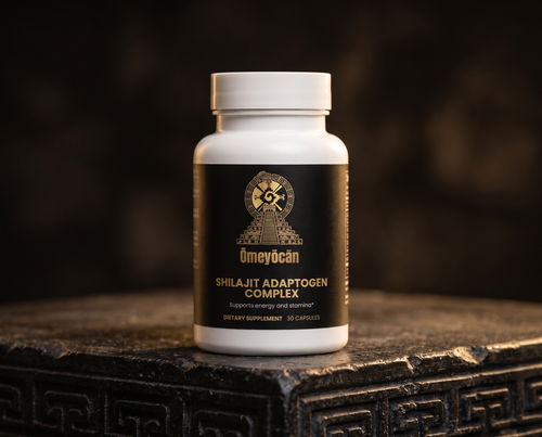 Omeyocan Shilajit bottle, full label, on a carved stone altar step