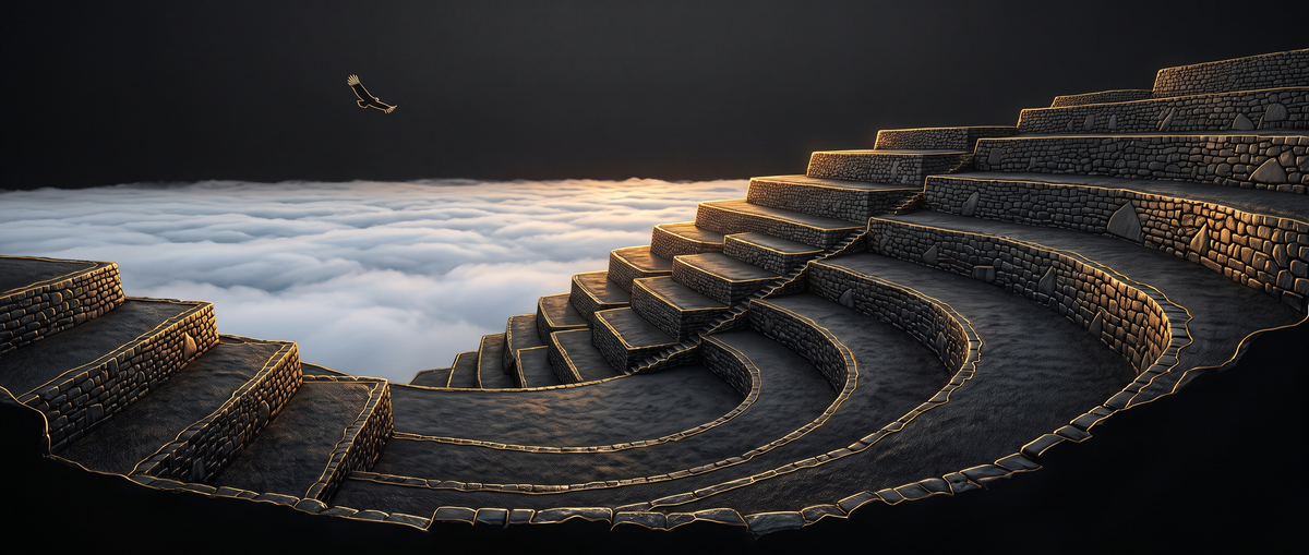 Week 7-8 banner: Andean terrace at altitude overlooking cloud-filled valley