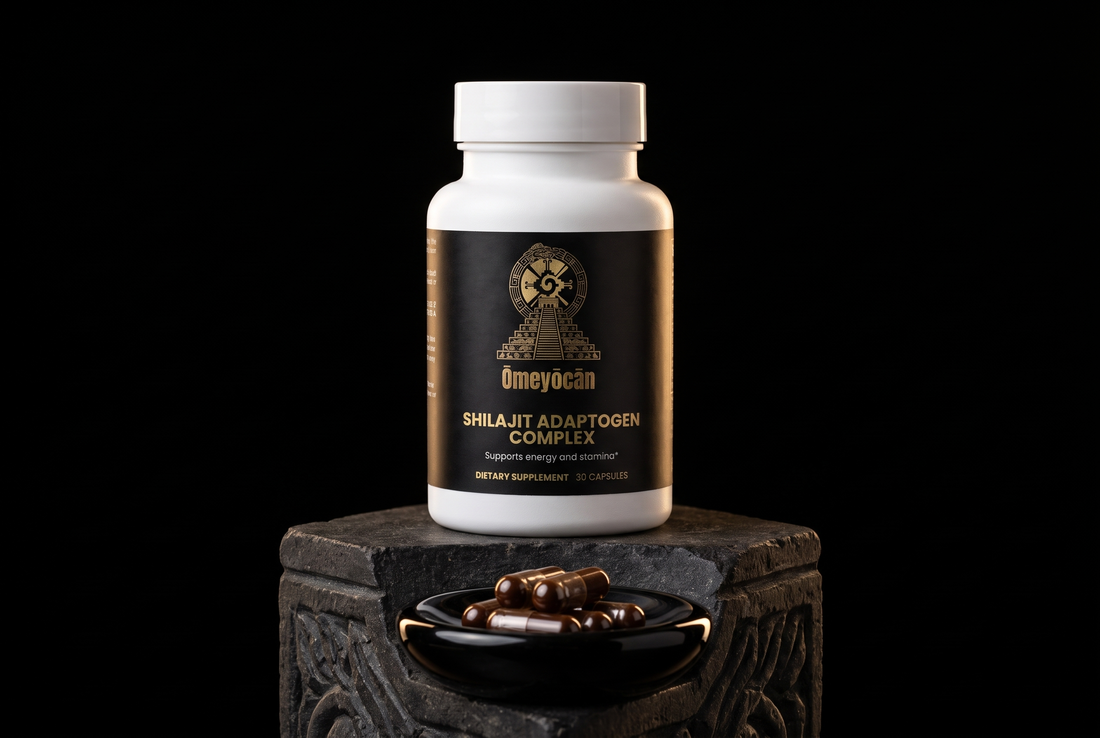 Omeyocan Shilajit bottle and obsidian dish of capsules on a basalt plinth